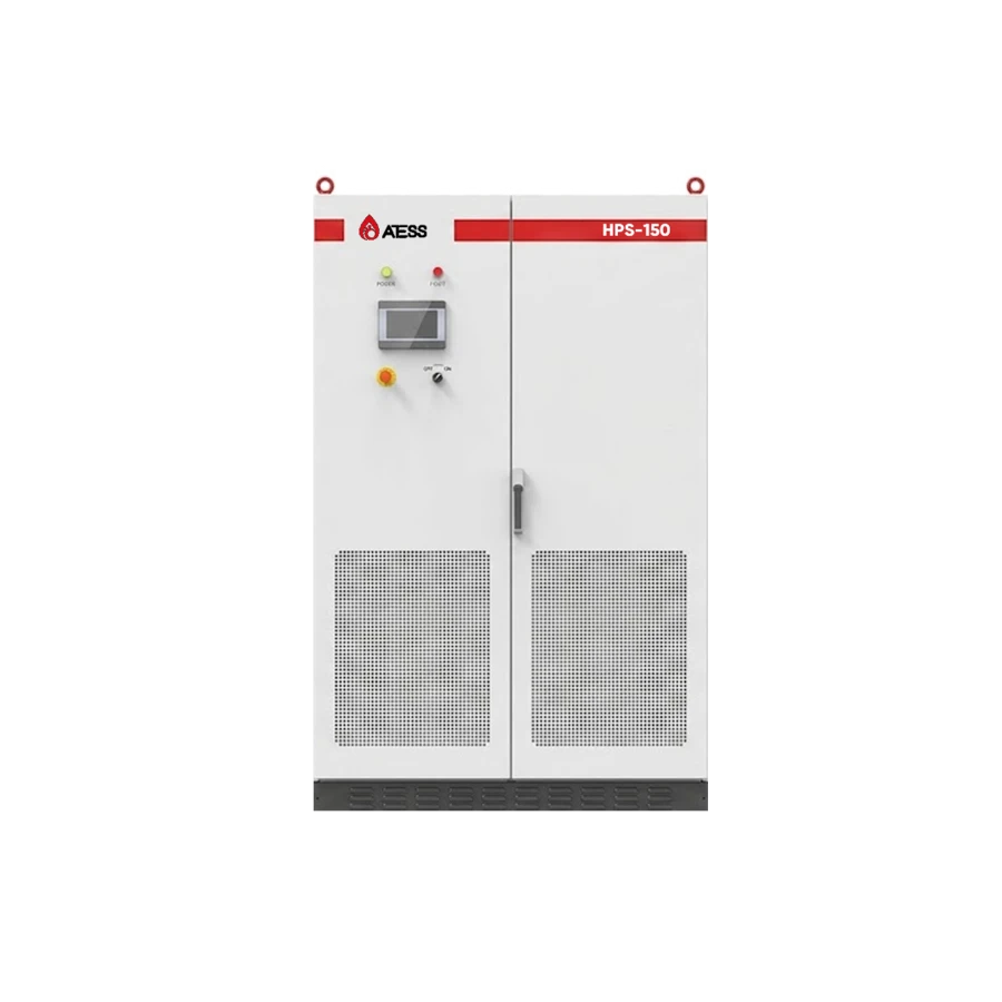 Front view of a white ATESS industrial hybrid inverter cabinet featuring a red upper accent strip labeled HPS-150, two large lower ventilation grilles, a central door handle, and a digital touch interface on the left with indicator lights and a yellow button, isolated on a white background.