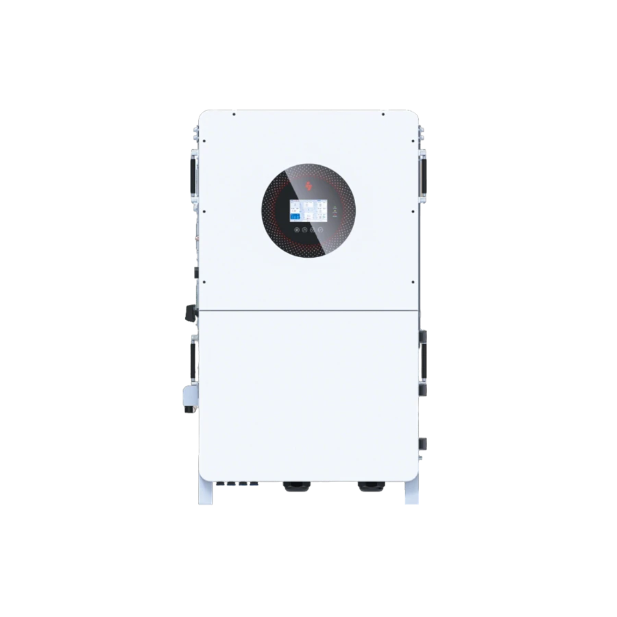 Front view of a vertically oriented white Sunpal high-voltage hybrid inverter, featuring a circular black control interface on the upper half with a built-in digital display monitor, isolated on a white background.