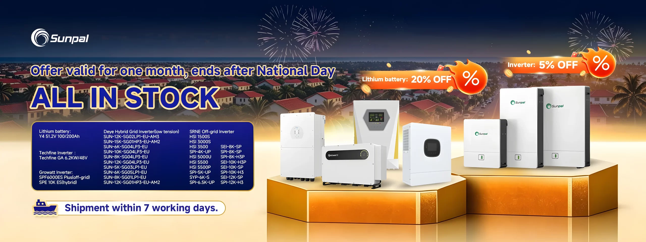 Sunpal solar energy storage products National Day promotion featuring Deye and Growatt inverters in stock.