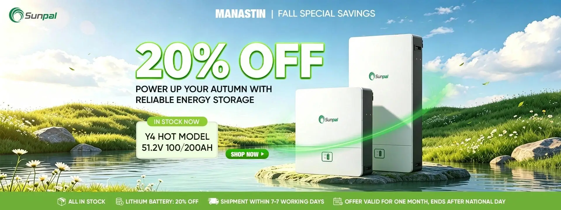 Sunpal Y4 51.2V 100Ah and 200Ah lithium battery energy storage systems in a green landscape, offering 20% off for autumn savings.