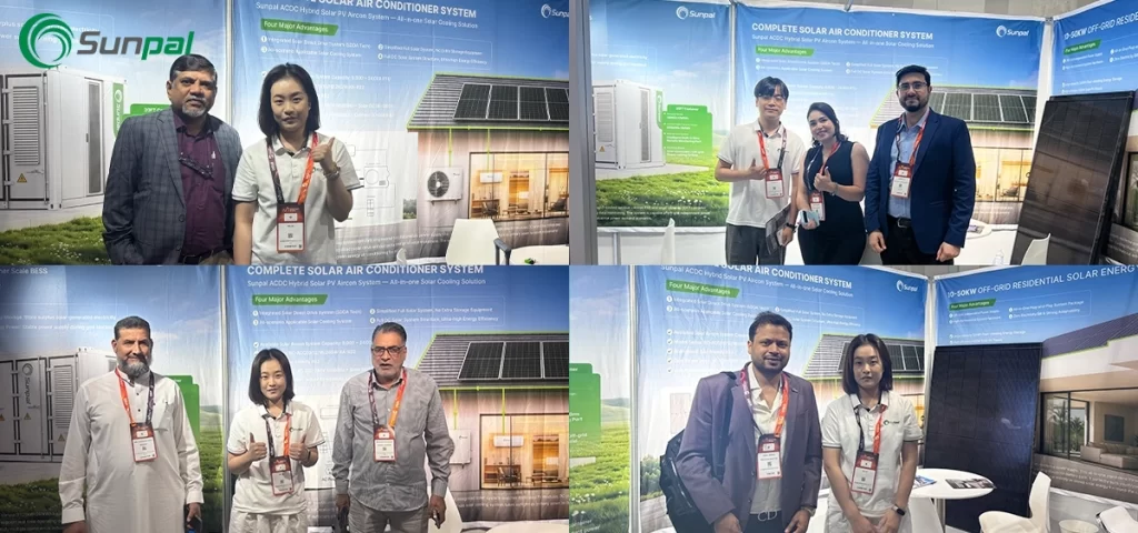 A collage showing international visitors, partners, and team members posing together at Sunpal's exhibition booth during Middle East Energy 2026.