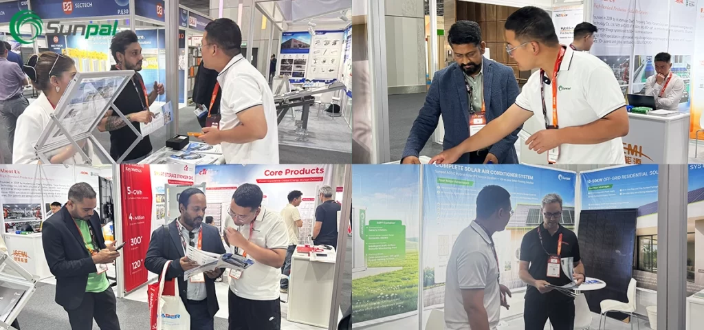 Collage of Sunpal team members demonstrating products and discussing solar solutions with visitors at an exhibition booth.