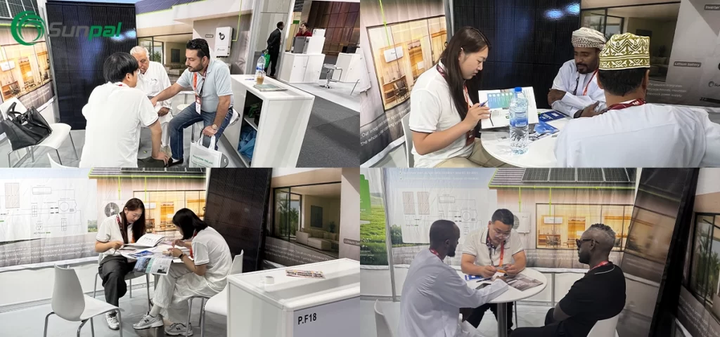 Collage of Sunpal team members discussing product materials with visitors at the company’s exhibition booth.